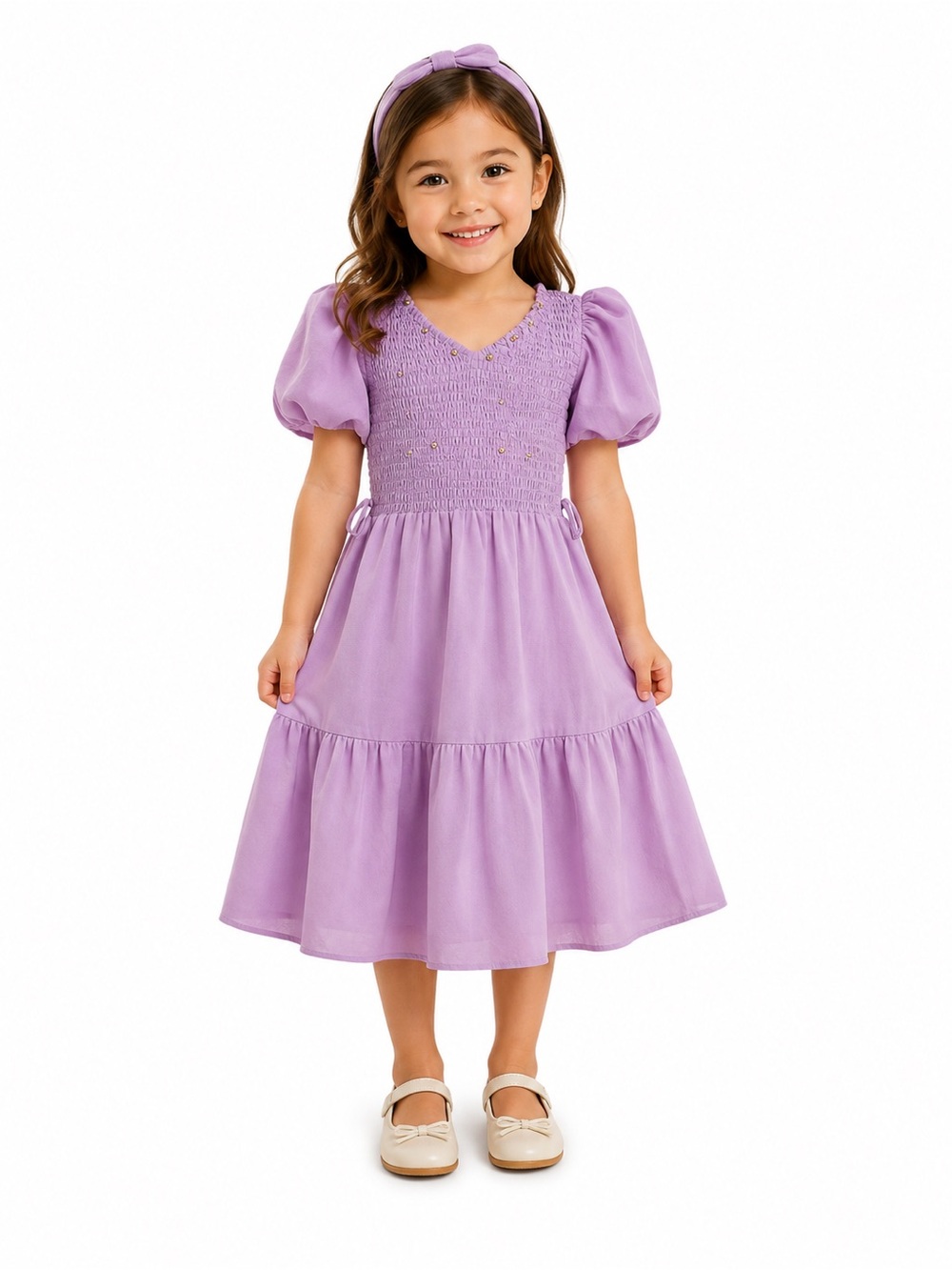 Lilac Smocked Puff-Sleeve Kids Dress